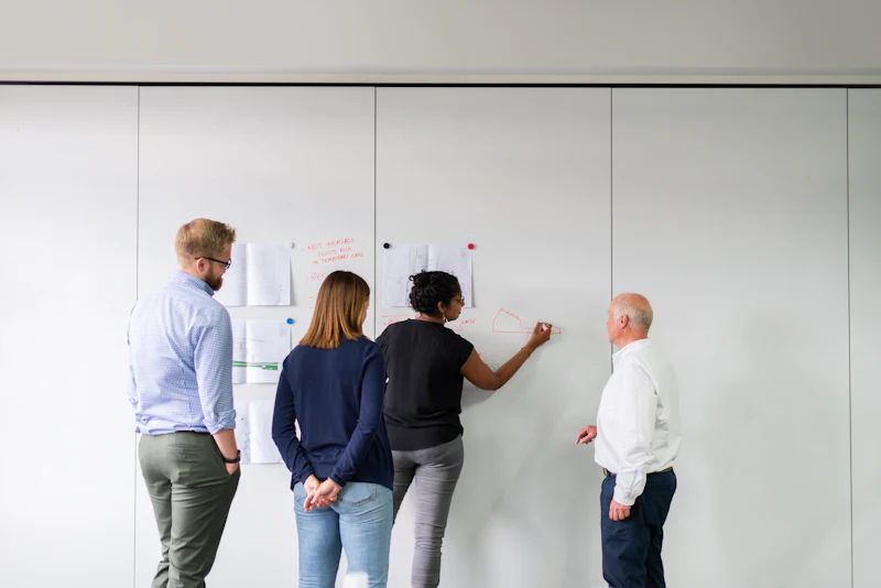 Team werkt een procesplan uit op een whiteboard